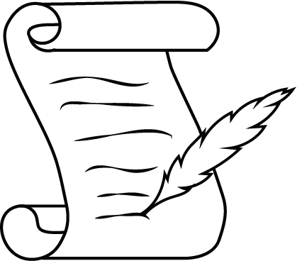 A vector icon showing a line drawing of a scroll with wiring on it and a feather quil.