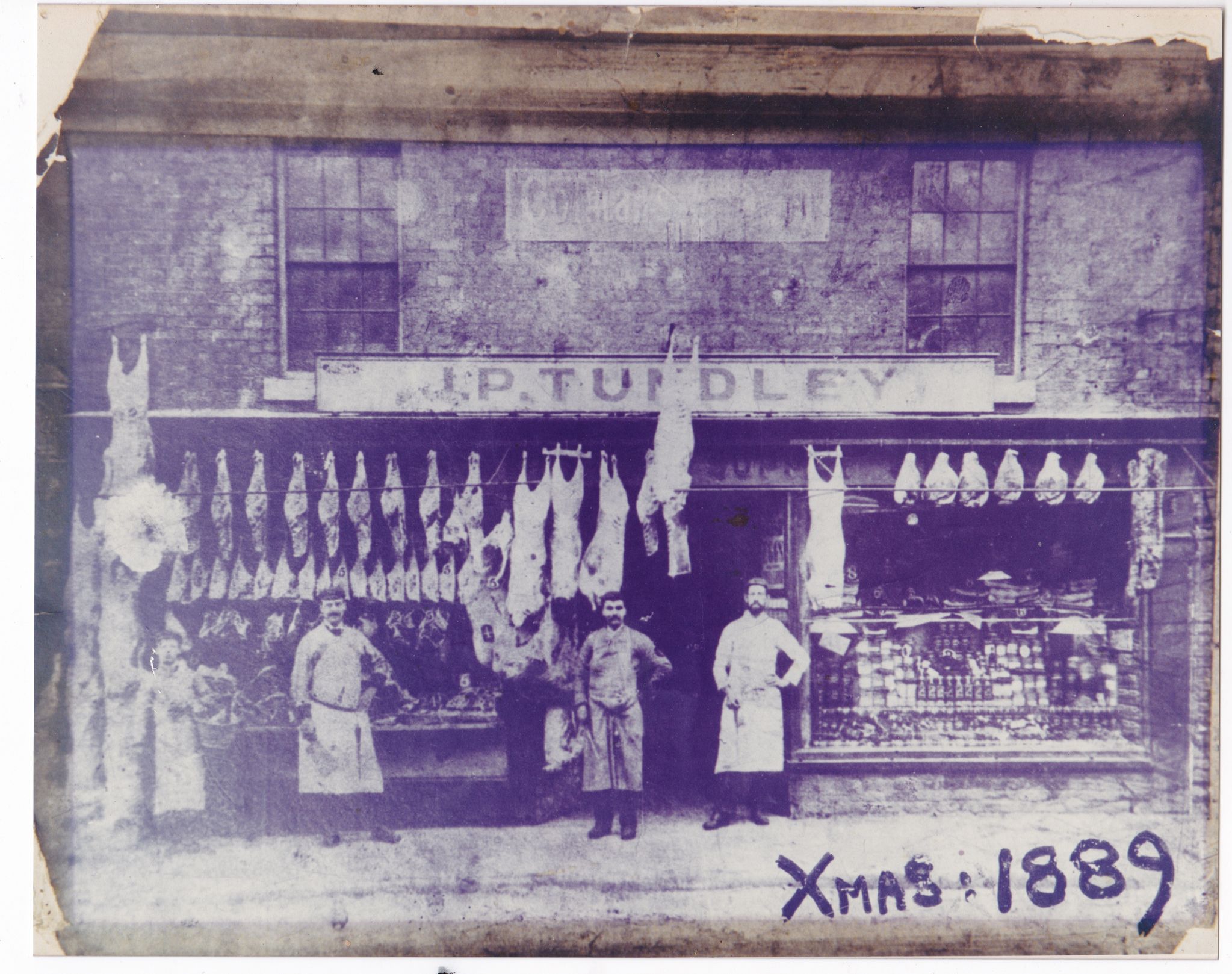 A black and white image of J. P Tundley Butchers Shop in Northwich in 1889.